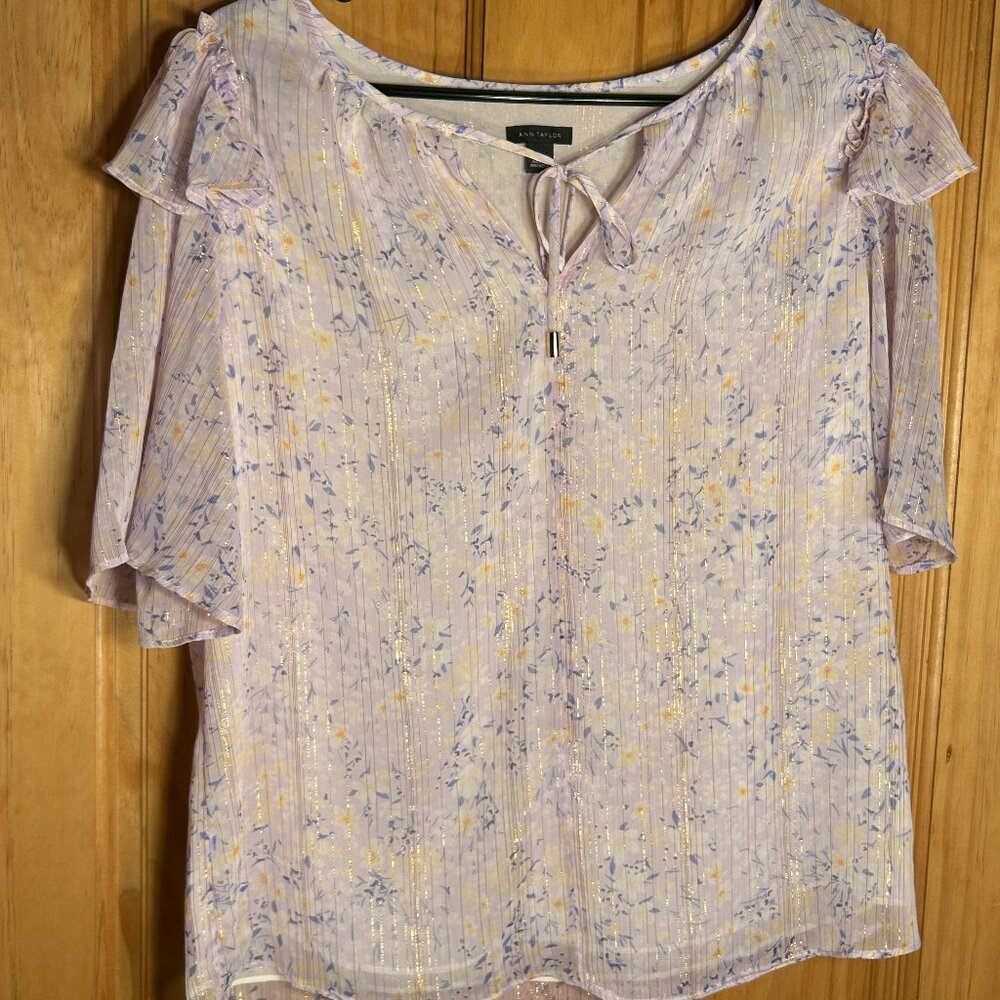 Anne Taylor Floral Tie Neck short Flutter Sleeve Top